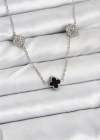 316L Çelik Zincir Gümüş Renk Siyah ve Zirkon Taşlı Baby Boy Yonca Kadın Kolye
