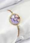 316L Çelik Zincir Mor Mineli Sanatsal Portre İnci Detaylı Çiçek Model Gold Renk Kadın Bileklik