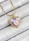 316L Çelik Zincir Mor Sanatsal Portre İnci Detaylı Papatya Figürlü Kalp Model Gold Renk Kadın Kolye