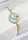 316L Çelik Zincir Turkuaz Mineli Sanatsal Portre İnci Detaylı Çiçek Model Gold Renk Kadın Bileklik