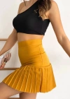 Altı pliseli mini etek hardal s24705