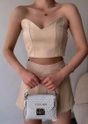 Arkadan büzgülü esnek büstiyer bej
