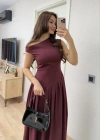 Asimetrik düşük yaka Kolsuz Uzun Elbise - Bordo