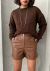Beli lastikli çıtçıtlı deri şort kahve w241007