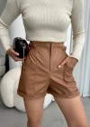 Beli lastikli deri şort kahve H24605