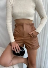 Beli lastikli deri şort kahve H24605