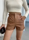 Beli lastikli deri şort kahve H24605