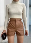 Beli lastikli deri şort kahve H24605
