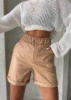 Beli lastikli duble paça deri şort bej w24755
