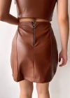 Beş düğmeli oval deri etek kahve h240068