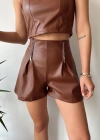 Çift fermuarlı deri şort kahve h24394