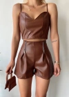 Çift fermuarlı deri şort kahve h24394