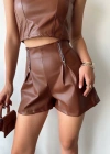 Çift fermuarlı deri şort kahve h24394