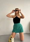Çift yırtmaçlı atlas şort etek yeşil s240364