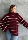 Çizgili ispanyol kol triko boğazlı kazak bordo elf