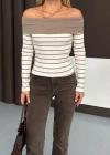 Çizgili madonna yaka kaşkorse bluz bej a844