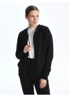 Classic Kapüşonlu Düz Uzun Kollu Kadın Fermuarlı Sweatshirt