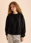 Coool Oversize Geniş Kalıp Bisiklet Yaka Basic Düz Kalın Siyah Sweatshirt