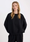 Coool Oversize Geniş Kalıp Bisiklet Yaka Basic Düz Kalın Siyah Sweatshirt