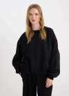 Coool Oversize Geniş Kalıp Bisiklet Yaka Basic Düz Kalın Siyah Sweatshirt