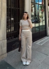 Crop pantolon biyeli takım bej