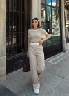 Crop pantolon biyeli takım bej