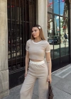 Crop pantolon biyeli takım bej
