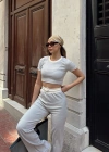 Crop pantolon biyeli takım gri