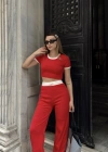 Crop pantolon biyeli takım kırmızı