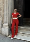 Crop pantolon biyeli takım kırmızı