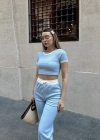 Crop pantolon biyeli takım mavi