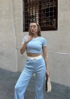 Crop pantolon biyeli takım mavi
