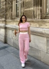 Crop pantolon biyeli takım pembe