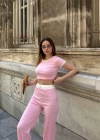 Crop pantolon biyeli takım pembe