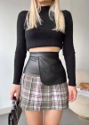 Deri garnili cepli ekose etek siyah s24604