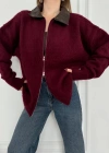Deri Yakalı Pamuk dokulu Çift Taraflı Çalışan Fermuar Ceket - Bordo