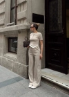Düğme yakalı bej alt üst takım s3943