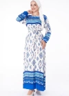 Düz Bisiklet Yaka Kadın Mavi Etnik Desenli Elbise