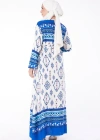 Düz Bisiklet Yaka Kadın Mavi Etnik Desenli Elbise