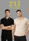Erkek 2’li Paket Dokuma Triko  Fermuarlı Yakalı Fitilli Kısa Kollu Regular Fit Tişört - Bej & Siyah