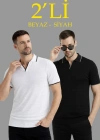 Erkek 2’li Paket Triko Yakalı Düğmesiz Açık Yaka Fitilli Kısa Kollu Regular Fit Tişört - Beyaz & Siyah