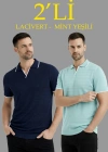 Erkek 2’li Paket Triko Yakalı Düğmesiz Açık Yaka Fitilli Kısa Kollu Regular Fit Tişört - Lacivert & Mint Yeşili