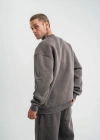 Erkek 3 İplik Pamuklu Yağ Yıkamalı Sweatshirt Double Oversize Bisiklet Yaka Uzun Kol - Füme