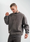 Erkek 3 İplik Pamuklu Yağ Yıkamalı Sweatshirt Double Oversize Bisiklet Yaka Uzun Kol - Füme