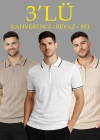 Erkek 3’lü Paket Dokuma Triko  Fermuarlı Yakalı Fitilli Kısa Kollu Regular Fit Tişört - Kahverengi, Beyaz, Bej