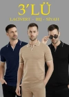 Erkek 3’lü Paket Triko Yakalı Düğmesiz Açık Yaka Fitilli Kısa Kollu Regular Fit Tişört - Lacivert, Bej, Siyah