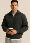 Erkek Antrasit Yarım Fermuarlı Fitilli Triko Kazak
