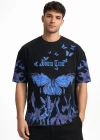 Erkek Asit Yıkamalı Oversize Tişört Mavi Kelebek Baskılı Dijital Print Bisiklet Yaka Streetwear T-Shirt - Siyah