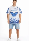 Erkek Asit Yıkamalı Oversize Tişört Mavi Kelebek Baskılı Dijital Print Bisiklet Yaka Streetwear T-Shirt - Beyaz