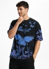 Erkek Asit Yıkamalı Oversize Tişört Mavi Kelebek Baskılı Dijital Print Bisiklet Yaka Streetwear T-Shirt - Siyah